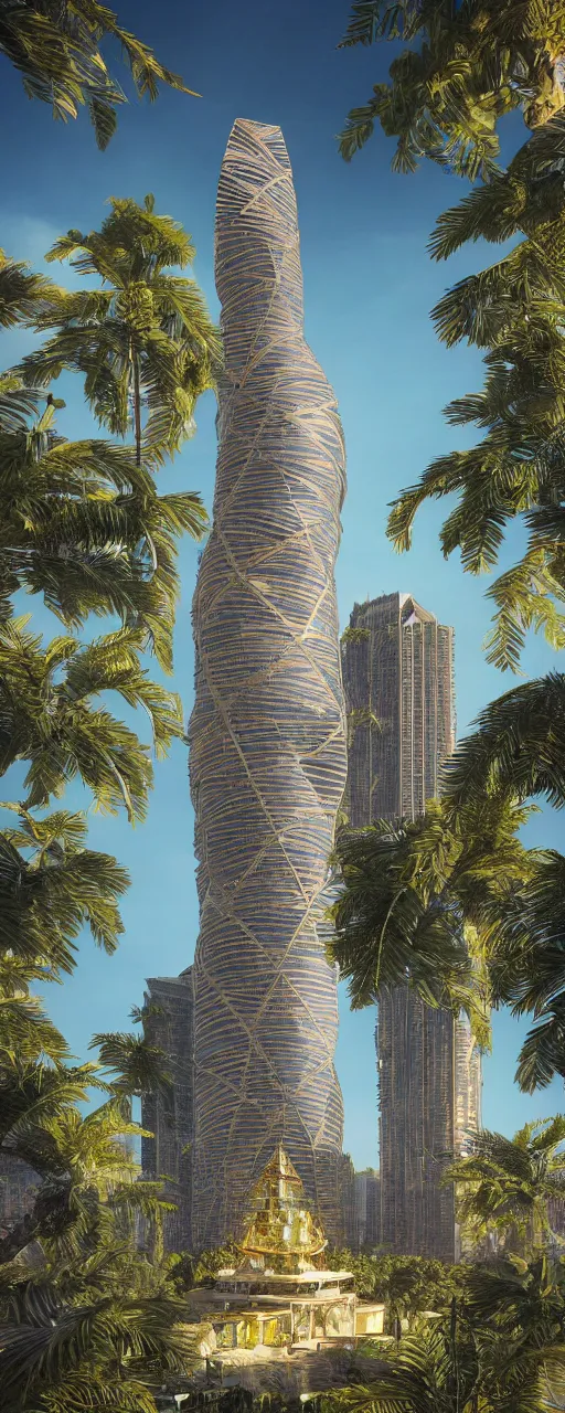 Image similar to photorealistic photo a contemporary babylon tower, golden details, sacred geometry architecture, cascading highrise, arid mountains with lush palm forest, sunlight, god rays, post - production, octane, cgi, sfx