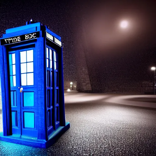 Image similar to a hyperdetailed photograph of the tardis sat on a futuristic street corner, night, dense fog, rain, hd, 8 k resolution