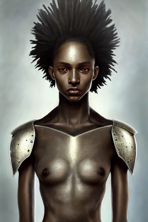 Image similar to a photorealistic painted portrait of an attractive young black girl, partially clothed in metal-plated battle armor, matt olive skin, long dark hair, flawless skin, beautiful bone structure, perfectly symmetric facial features, perfect photorealistic eyes, natural physique, intricate, elegant, digital painting, concept art, finely detailed, beautifully illustrated, sharp focus, minimal artifacts, from Metal Gear, by Ruan Jia and Mandy Jurgens and Artgerm and William-Adolphe Bouguerea, in the style of Greg Rutkowski, trending on Artstation, award winning art