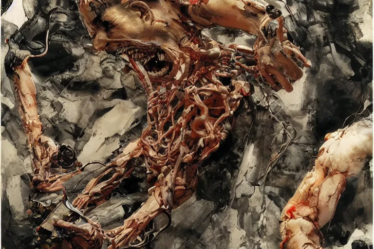 Prompt: GoPro footage page of tetsuo\'s arm morphing into flesh, wires and tubes, by Katsuhiro Otomo, Phil hale, Ashley wood, Ilya repin, frank frazetta, 8k, hd, high resolution print