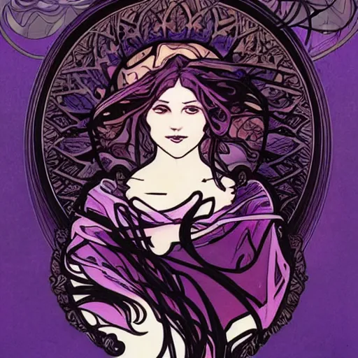 Image similar to a dark witch with black and purple designs and clouds, by alphonse mucha. elegant decoration. beautiful gradients. dark atmosphere. trending on artstation, behance.