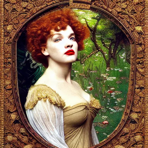 Prompt: masterpiece of intricately detailed preraphaelite photography portrait face hybrid of flo perry and judy garland, sat down in train aile, inside a beautiful underwater train to atlantis, betty page fringe, medieval dress yellow ochre, by william morris ford madox brown william powell frith frederic leighton john william waterhouse hildebrandt
