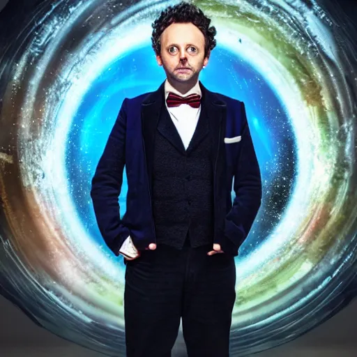 Image similar to a full body photograph of michael sheen as'doctor who ', time vortex in the background, detailed face, symmetrical face, extreme realism and detail, 8 k, completely framed, direct lighting, 3 5 mm photo, photorealistic, sharp focus