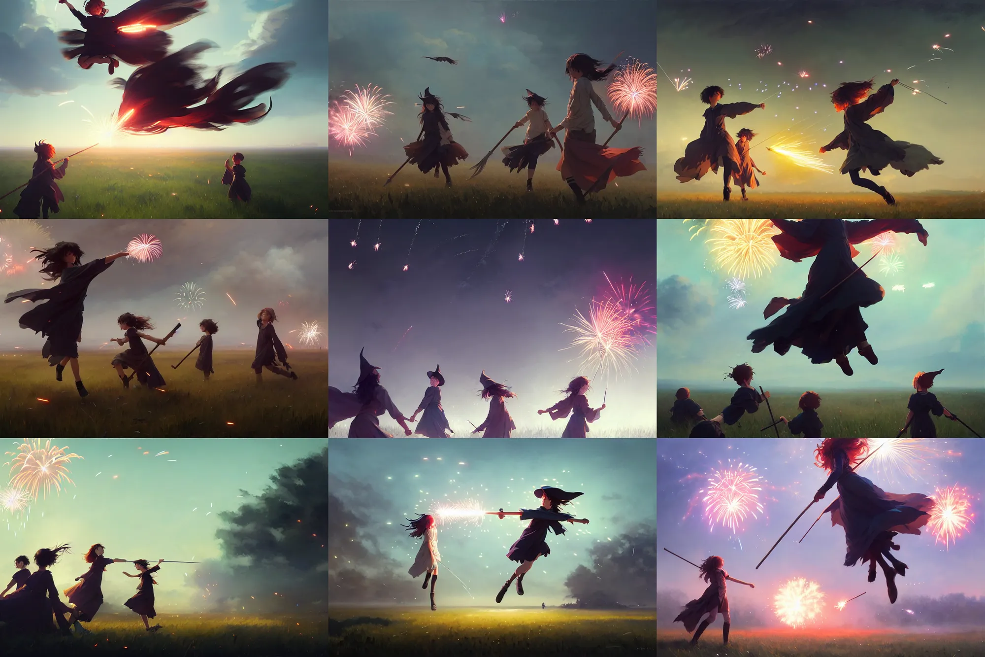 Prompt: young witches flying above a field launching fireworks into the sky, magical particles in the air, night time, rim light, studio ghibli style, high octane filter, 8 k, highly detailed, digital painting, concept art, matte, art by ruan jia and wlop and greg rutkowski and makoto shinkai, masterpiece