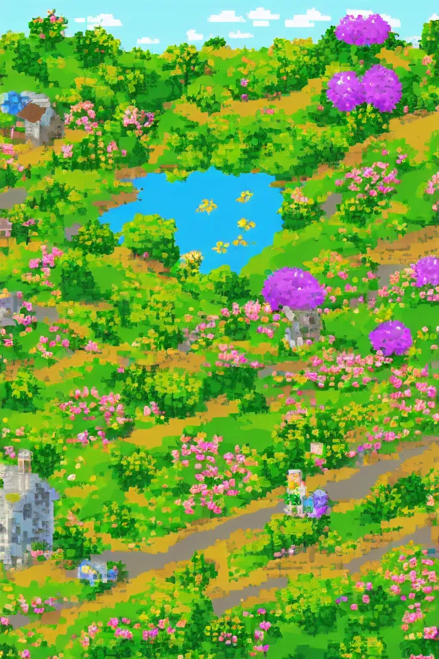 Image similar to a countryside in spring, green hills and blue sky with patches of clouds, nature in all its beauty, some houses in the background, star - shaped flowers in the foreground, we can see the sea, pixel art, indie game, snes, sprite, detailed,