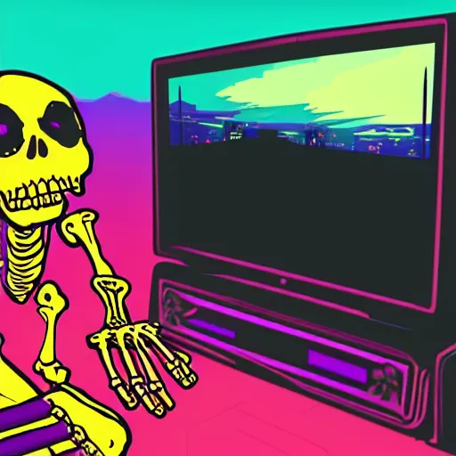 Prompt: a skeleton playing video games, it is visibly angry at the tv, detailed, outrun, synthwave, vaporwave, complimenting color scheme