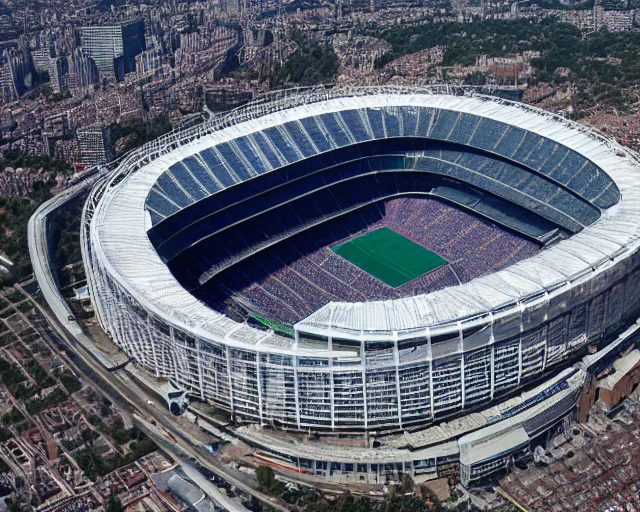 Image similar to 4 k hd, high resolution photograph of santiago bernabeu stadium from above, full colour, shot with sigma f / 4. 2, 2 5 0 mm sharp lens, wide shot, high level texture render