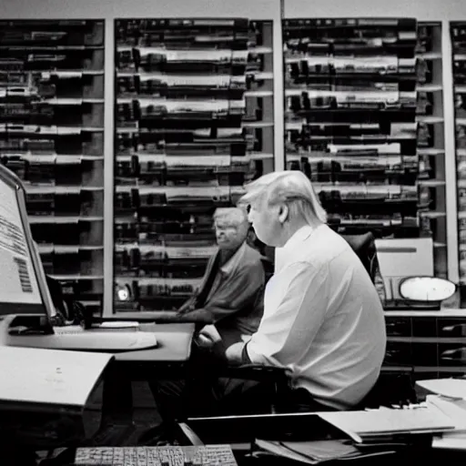 Prompt: candid color photo of Donald Trump sitting at a bank of very complicated, 1970's looking computers (designed by gucci ) working through the night in his theoretical physics lab with his old nemesis george lucas. They are both frustrated at not having cracked the theorem. photo by annie leibowitz