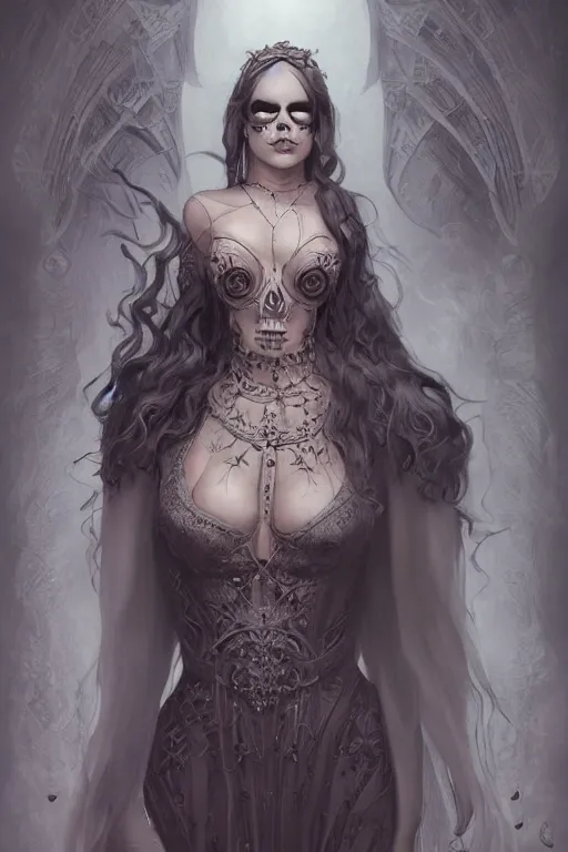 Prompt: ultra realist and ultra intricate detailed character concept art of a beautiful flirt muerte girl in a curvy long dress facing camera, symmetry features, sensual gloomy style, soft painting, volumetric light and fog, fantasy background, artstation, Tom Bagshaw artstyle, unreal render