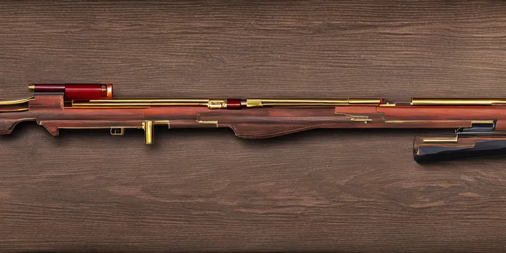 Image similar to a shotgun made from glossy red - painted wood and elements of gold metalwork