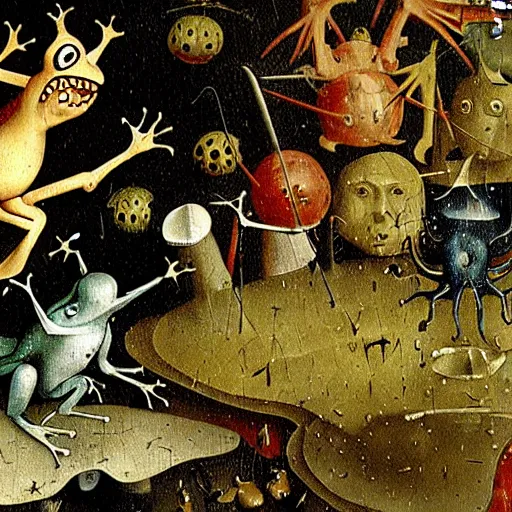 Prompt: a frog dunking over demons boiling a sinner in the garden of earthly delights, close up, hieronymus bosch