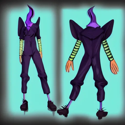Prompt: character design sheets for a nonbinary androgynous gothic manta ray person who sells empty spray paint cans as a scam and is always covered in paint and clay and acting shady, designed by splatoon nintendo, inspired by tim shafer psychonauts 2 by double fine, cgi, professional design, gaming
