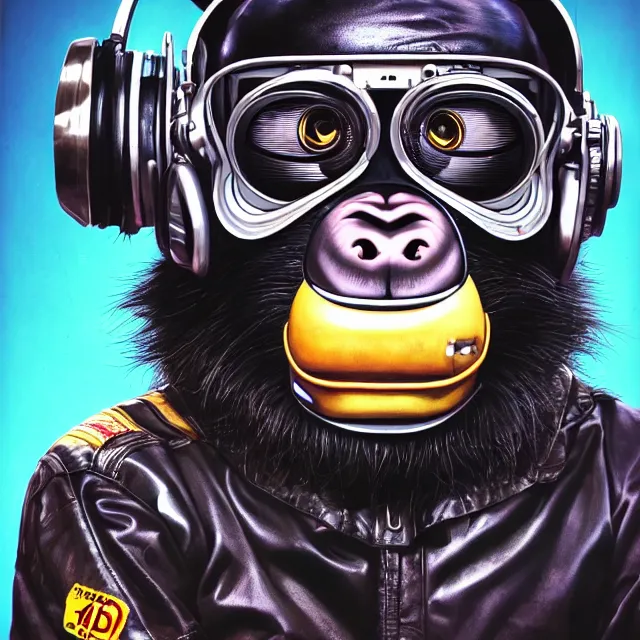 Image similar to a portrait of an anthropomorphic cyberpunk chimp in a motorcycle helmet by sandra chevrier, detailed render, tape deck, boombox, headphones, epic composition, cybernetics, 4 k realistic, cryengine, realistic shaded lighting, sharp focus, masterpiece, by matteo scalera, gary montalbano, peter elson in the style of the tokyo ghost comic