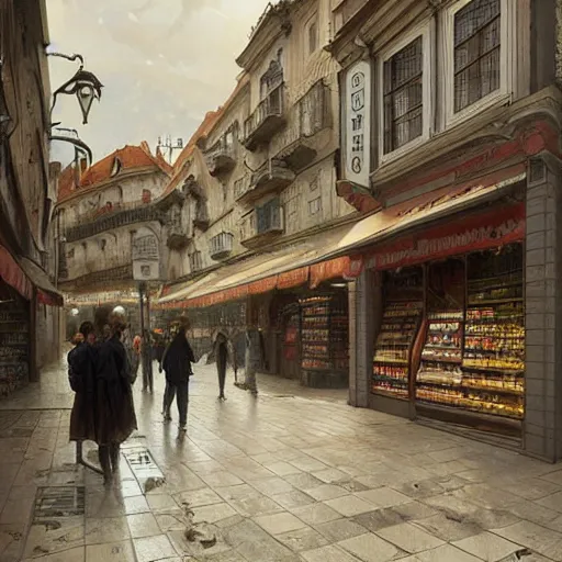 Prompt: a convenience store of 2022 portugal lisbon on the street of a very highly detailed logital matte painting art by Greg Rutkowski, highly logical and striking detailed architecture by alphonse mucha, komorebi by alphonse mucha