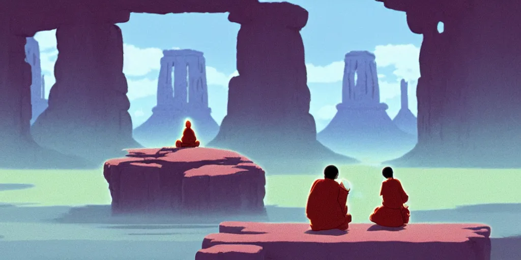 Image similar to a realistic cell - shaded studio ghibli concept art from paprika ( 2 0 0 6 ) of a monk meditating and a small mammoth from close encounters of the third kind ( 1 9 7 7 ) in a flooded monument valley stonehenge. very dull colors, wide shot, hd, 4 k, hq