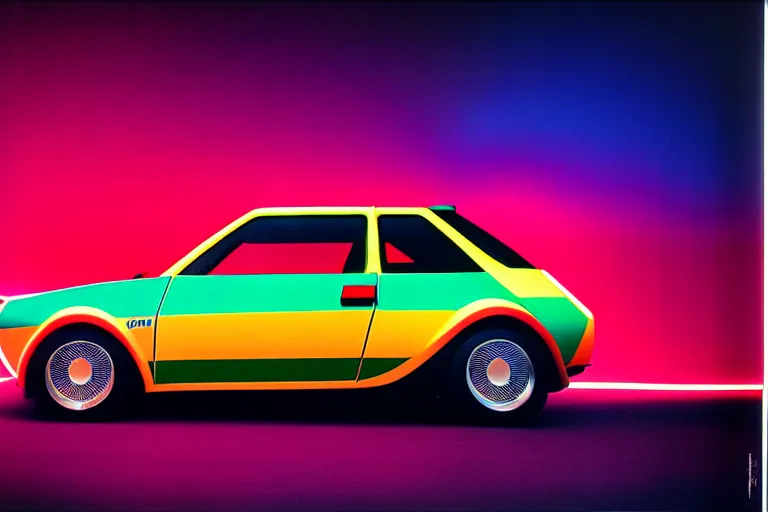 Image similar to designed by giorgetto giugiaro stylized poster of a yugo with thick neon lights as an ektachrome photograph with volumetric lighting cinematic