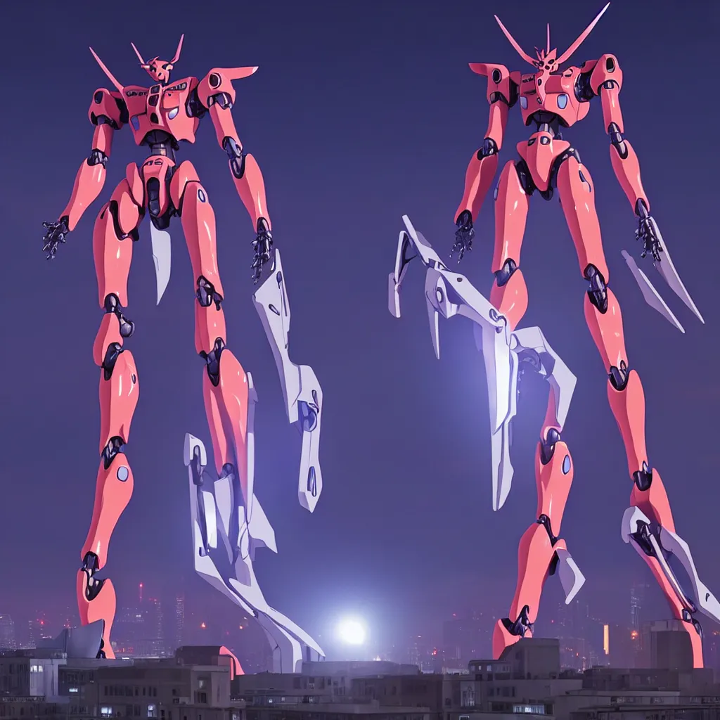 Prompt: photorealistic CGI of Evangelion EVA-01 mecha robot giant in city futuristic at night