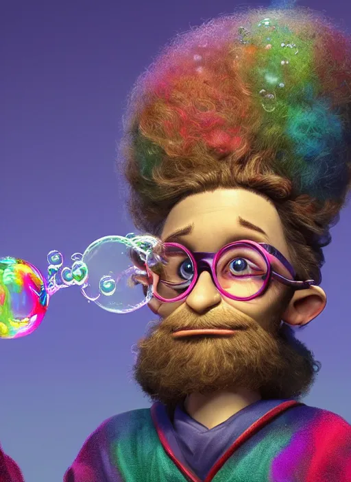 Prompt: an anthropomorphic beautiful male wizard portrait blowing bubbles wearing colourful robe, round glasses, curly hair, fine art, award winning, intricate, elegant, sharp focus, octane render, hyperrealistic, cinematic lighting, highly detailed, digital painting, 8 k concept art, art by jamie hewlett and z. w. gu, masterpiece, trending on artstation, 8 k
