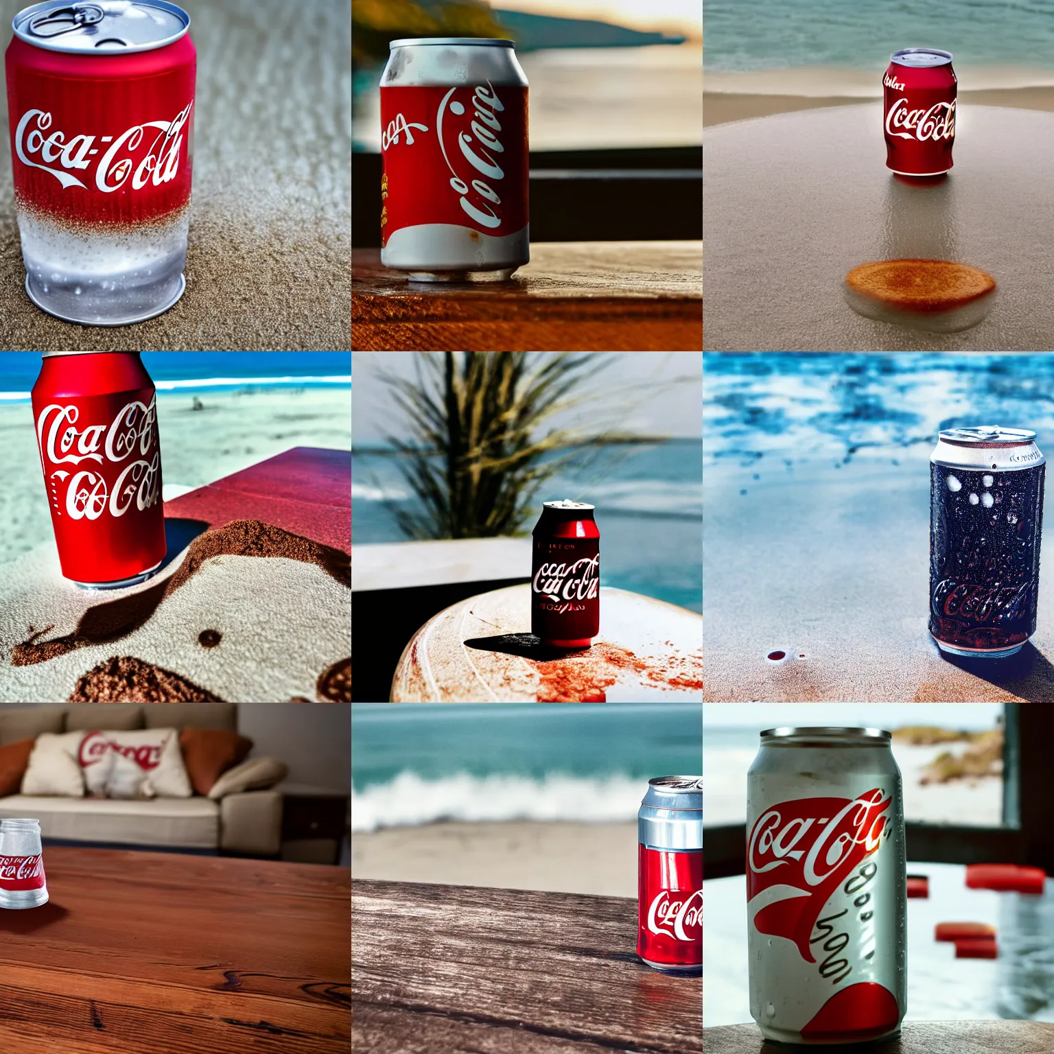 Prompt: a photograph of a cold coca cola can with water droplets sitting on a coffee table next to a beach