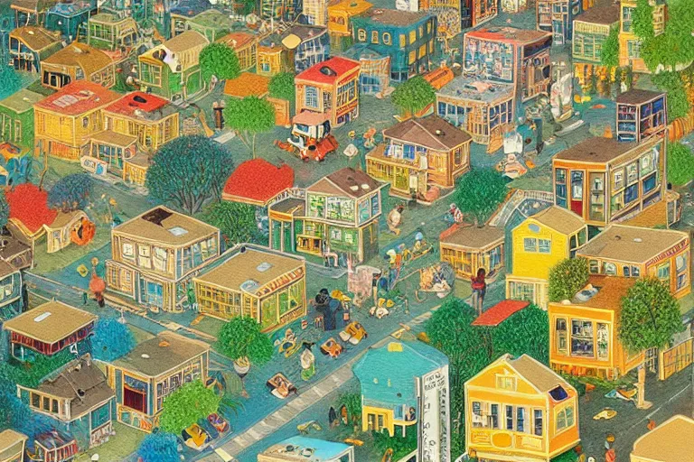 Image similar to an elaborate and dense painting of a peaceful neighborhood, detailed, made of alcohol ink on parchment and penned illustrations, by richard scarry and beeple