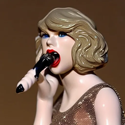 Image similar to a porcelain figurine of taylor swift singing, product shot