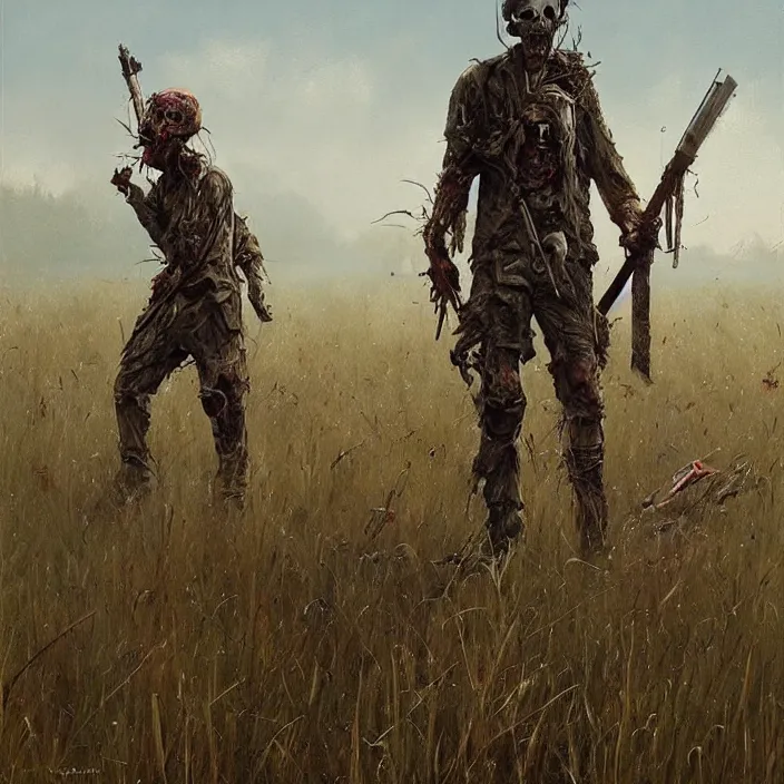 Prompt: painting by greg rutkowski, a dead zombie in a military helmet and uniform lies in tall grass