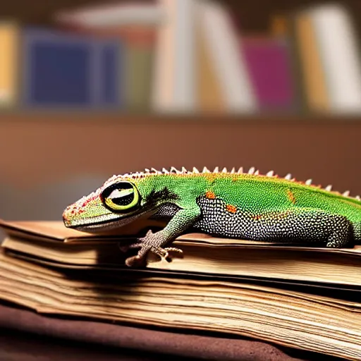 Prompt: the! geico! gecko on a table,! being crushed! by a stack of books