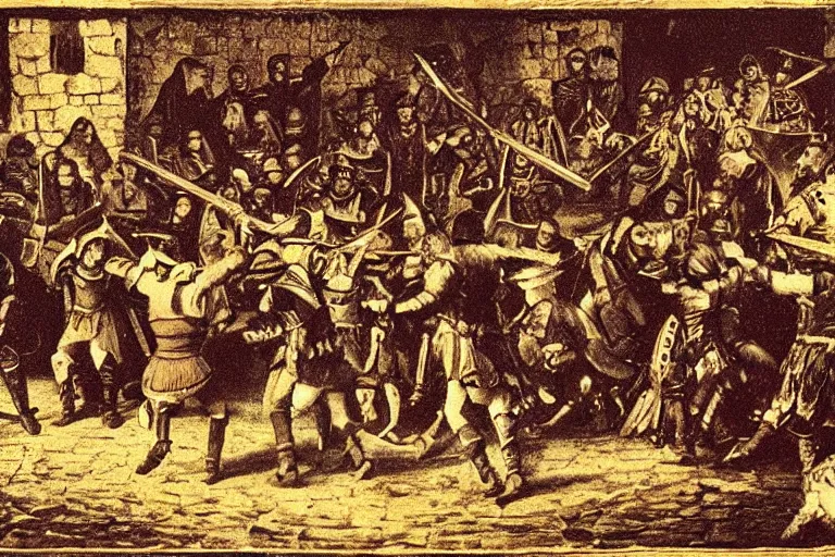 Image similar to a very old photo of duel in medieval times, mosh pit