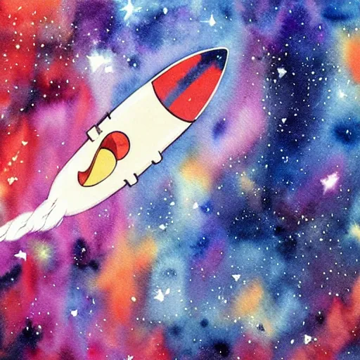 Image similar to awe-inspiring painting of a rocketship launching, a beautiful young woman clings to it tightly, galaxies and stars in the background, realistic anime abstract watercolor art by Hayao Miyazaki