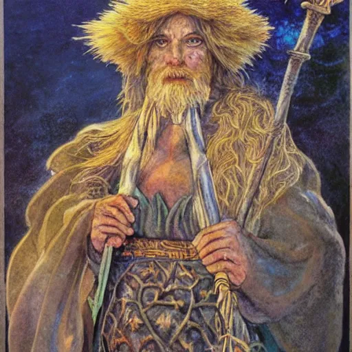 Prompt: Portrait of a sheep wizard holding a magical staff in ornamental magical robes, by Brian Froud, Jeff Easley, Alan Lee