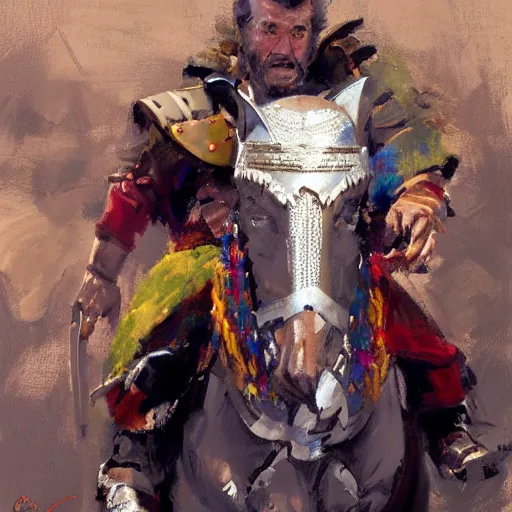 Prompt: portrait of mel gibson as rider with couched jousting lance, colorful caparisons, chainmail, detailed by greg manchess, craig mullins, bernie fuchs, walter everett