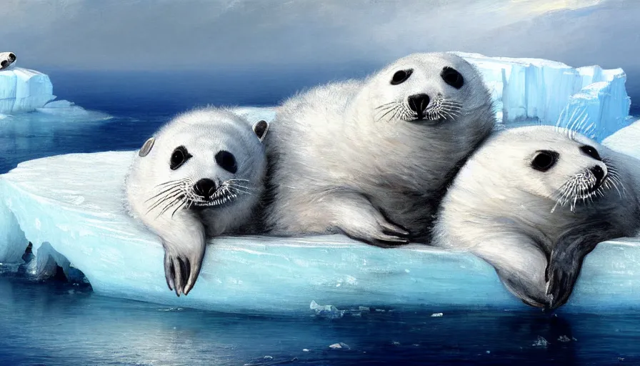 Image similar to highly detailed painting of cute furry white baby seal badgers cuddling into each other on a blue and white iceberg by william turner, by greg rutkowski, by william constable, thick brush strokes and visible paint layers, 4 k resolution