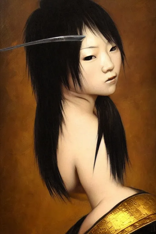 Prompt: sexy seductive hot Japanese female warrior, half body portrait, revealung, black short hair, light gold armor, realistic oil painting by Rembrandt