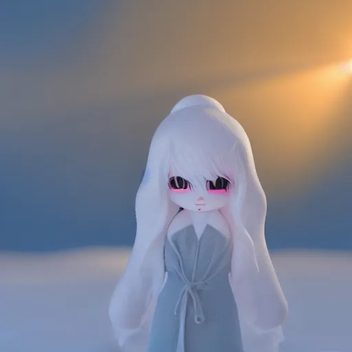 Image similar to cute fumo plush of yuki onna in the middle of a blizzard, snow particle simulation, outline glow lens flare, vray