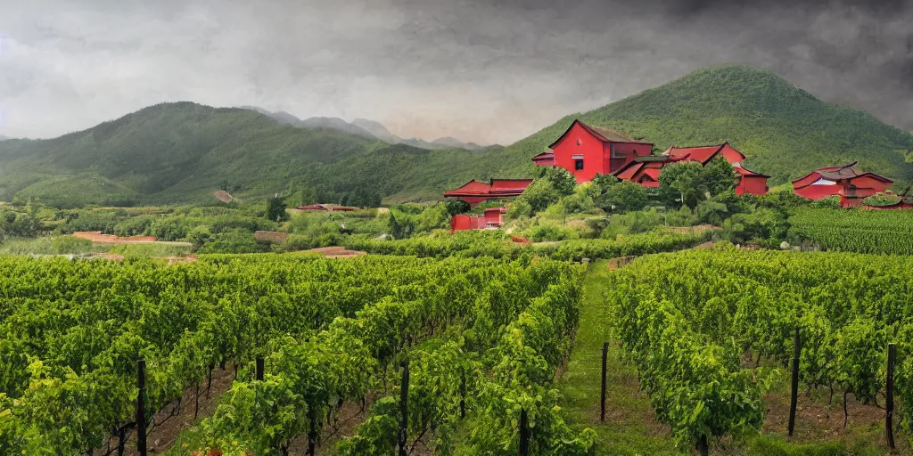 Prompt: A ink painting winery with red walls and a green roof. The vineyards are sprawling and green, with a river winding through them. In the distance, there are mountains. by zhang zeduan, mi fu, painting on silk, immaculate scale, hyper-realistic, Unreal Engine, Octane Render, digital art, trending on Artstation, 8k, detailed, atmospheric, immaculate