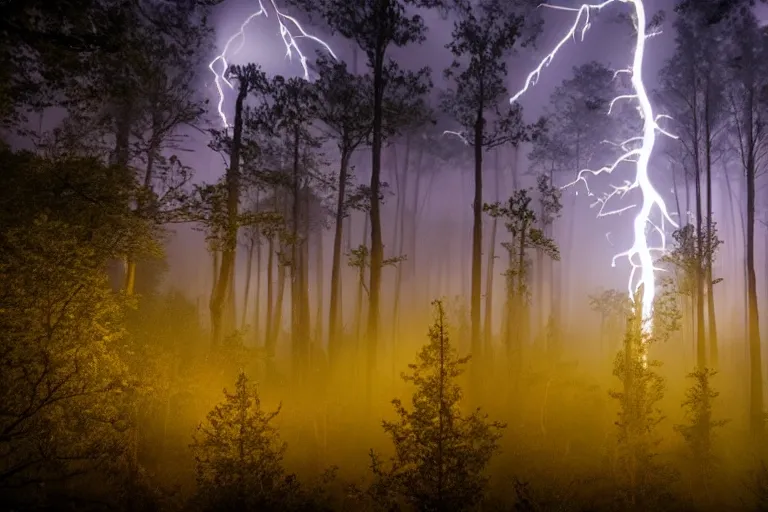 Image similar to An ultrawide cinematic shot of a forest at night with fog and lightning.