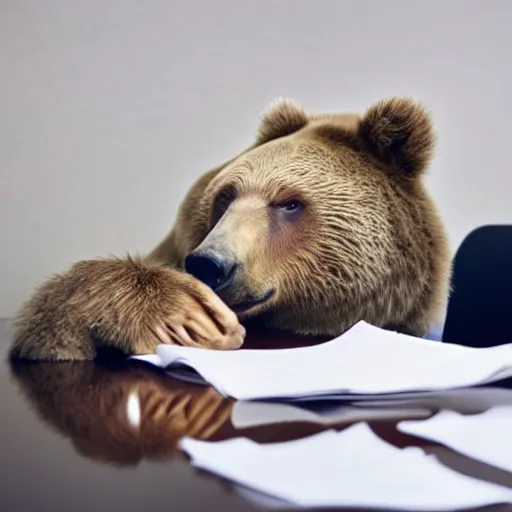 Prompt: bored bear at office, head leaning on paw with elbow on table, piles of paperwork