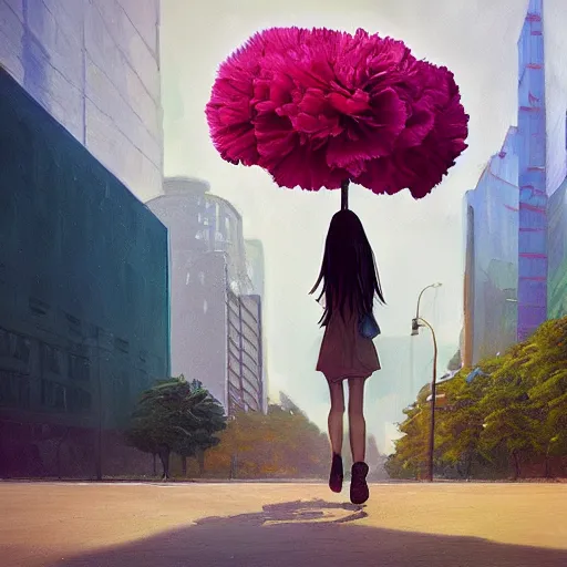 Image similar to giant carnation flower head, woman walking in a modern city, surreal photography, dramatic light, impressionist painting, digital painting, artstation, simon stalenhag