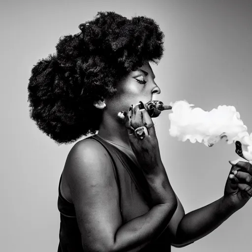 Image similar to a photography of a black woman blowing smoke. black and white, 8 k