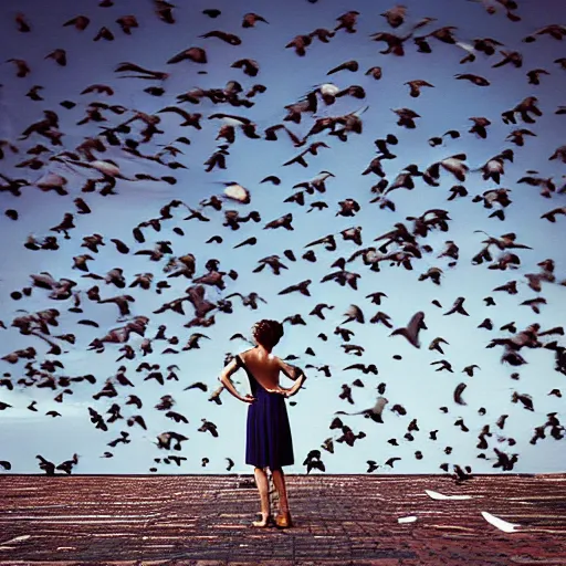 Image similar to “a woman wearing a dress that is turning into a flock of pigeons, standing on the roof of an urban building in NYC, fashion photography, photorealistic, bloom lighting”