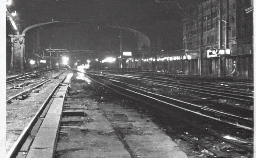 Prompt: old photo from 1 9 5 9. very large giant mutant antropomorphic rat staying on railways in round tonnel of moscow metropolitan. extreme high detail. low light, scary atmosphere, darkness