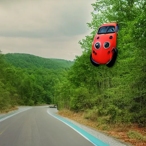 Prompt: promotional scifi - mystery movie scene of a ( volkswagen beatle ) and ladybug hybrid that's more ladybug. racing down a dusty back - road in smokey mountains tennessee. cinematic, 4 k, imax, 7 0 mm, teal autochrome, hdr