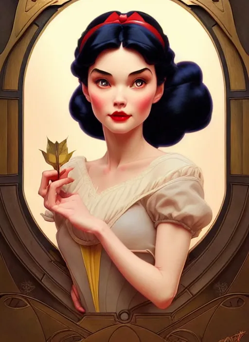 Image similar to portrait of disney snow white, intricate, elegant, highly detailed, my rendition, digital painting, artstation, concept art, smooth, sharp focus, illustration, art by artgerm and greg rutkowski and alphonse mucha and uang guangjian and gil elvgren and sachin teng, symmetry!!