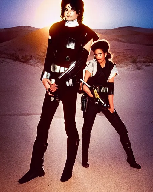 Prompt: 1 8 year old michael jackson as luke skywalker, with janet jackson as princess leia, studio lighting, star wars themed, beautiful tunisia desert at sunset, photoshoot in the styled of annie leibovitz