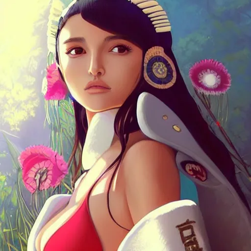 Image similar to a beautiful young japanese natalie portman alluring gravure model, stylized concept art, wearing elegant designer bomber jacket and one piece bikini, bomber jacket with mesoamerican patterns, mesoamerican native street fashion, princess mononoke, painted by ilya kuvshinov aesthetic, gorgeous, stunning, alluring, attractive, artstation, pinterest, digital art