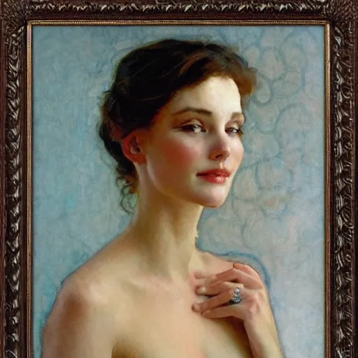 Image similar to photo portrait of a beautiful woman by gil elvgen, greg manchess, mucha