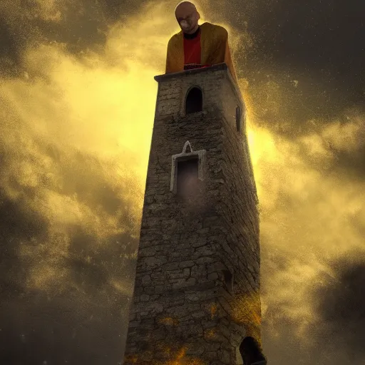 Image similar to A terrified catholic priest in his twenties at the top of a medieval tower watches as an ominous yellow shadow descends upon him from the night sky. He is seen from above fervently praying. Dramatic lighting. Award-winning digital art, trending on ArtStation