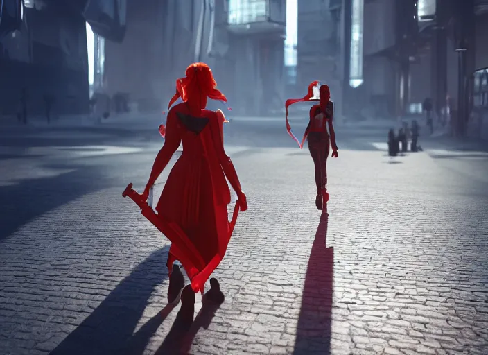 Prompt: glowing young woman carrying a red propaganda flag walking through beautiful futuristic city by Alexander Labas and Tatyana Yablonskaya and Viktor Tsvetkov, Unreal Engine 5, Lumen, Nanite, 85mm