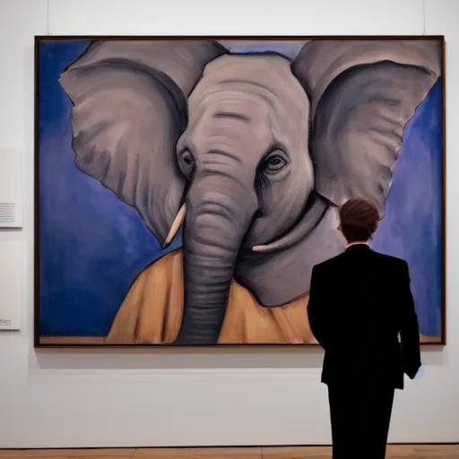 Image similar to in an art gallery, there is a huge painting of an elephant by marlene dumas. a man in a top hat and a suit is looking up at the painting. cgsociety, surrealism, surrealist, dystopian art, purple color scheme