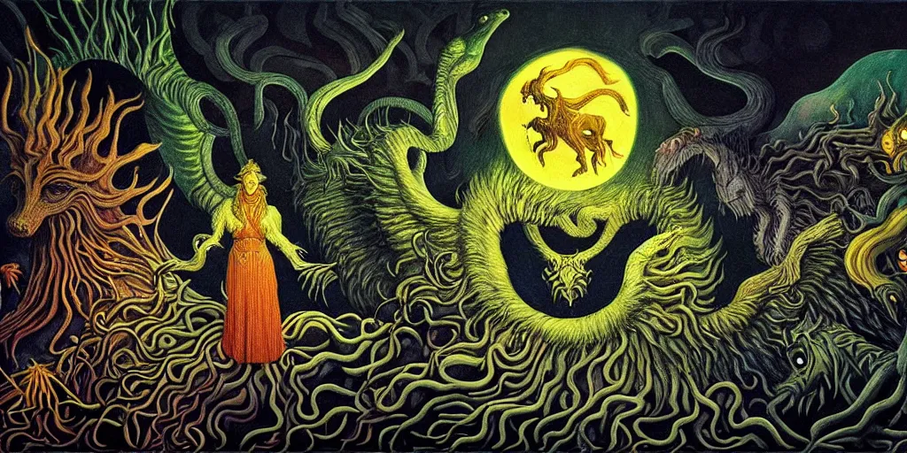 Prompt: mythical creatures and monsters in the imaginal realm of the collective unconscious, dramatic lighting glow from giant fire, in a dark surreal painting by johfra, mc escher and ronny khalil